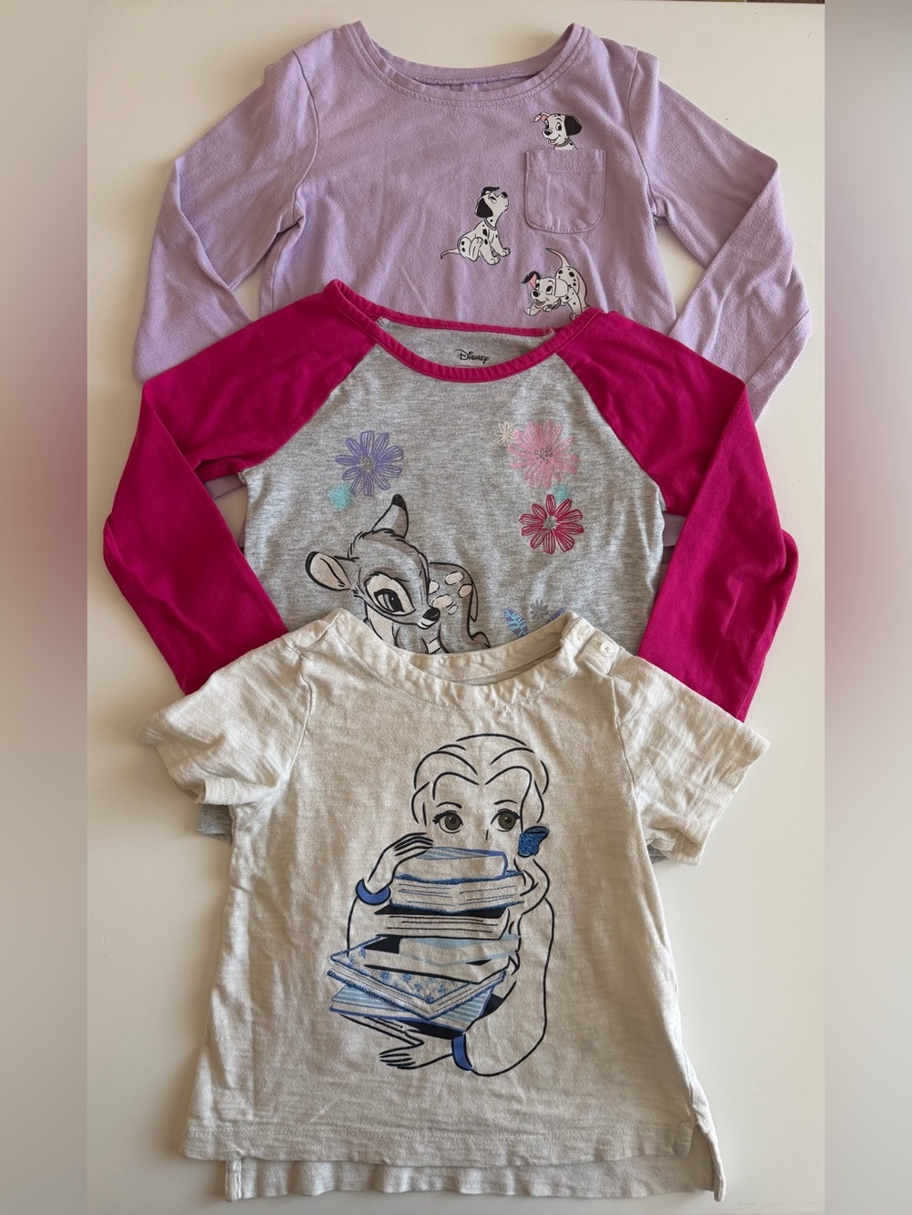 Disney Girls' 4T Tee Shirt Set - Belle, Bambi, Dalmations. White, Pink, Purple